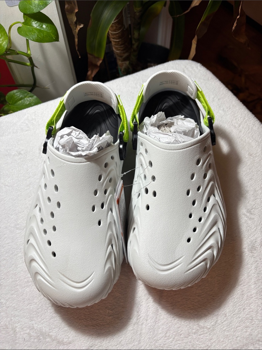 CROCS White Clog with Neon Green Heel Strap